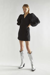 Black Jacquard V-Neck Tie Waist Mini Dress