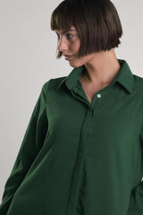 Dark-Green Long-Sleeve-Button-Front Mini-Shirt Dress