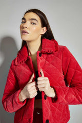 Lollipop-Red Corduroy Collared Padded-Jacket