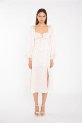 Peach-Pink Daisy Milkmaid Midi-Dress