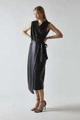 Black-Pu Wrap Midi-Dress