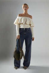 Dark-Stonewash Wide-Leg Studded-Jeans