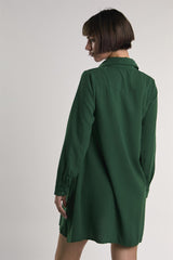 Dark-Green Long-Sleeve-Button-Front Mini-Shirt Dress