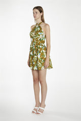 Large-Brown-Green-Floral Cross-Over-Halter-Neck Mini-Dress