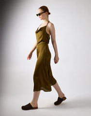 Satin Cowl Neck Midi Dress - Khaki