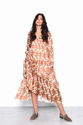 Tan-Yellow-Floral Long-Sleeve-Pleated Maxi-Dress