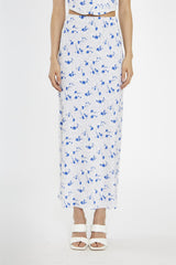 Blue-Dot Vintage-Floral Bias-Cut Midi-Skir