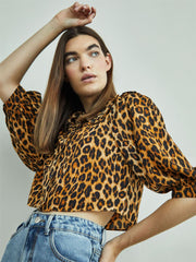 Leopard Print Long Sleeve High Neck Crop Top