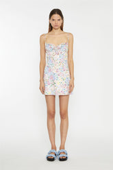 Painted Multi-Floral Tie-Back Ruched Mini-Dress