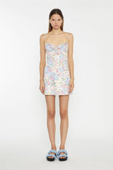 Painted Multi-Floral Tie-Back Ruched Mini-Dress
