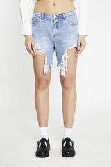 Mid-Stonewash Ripped Denim-Shorts