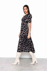 Chain Floral Button Down Midi Dress with Plunging Neckline, Gathered Bust Detail and Puff Sleeves