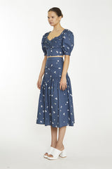 Navy Scattered Flower Sweetheart Neckline Crop-Top