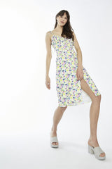 Bright-Watercolour Floral Milkmaid Midi-Dress