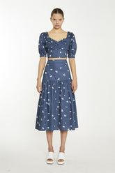 Navy Scattered Flower Sweetheart Neckline Crop-Top