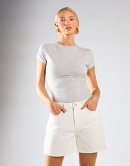 Mid Waist Loose Fit Denim Shorts - Ecru