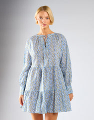 Blue Ditsy Floral Long Sleeve Frill Tiered Dress