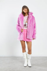 Hot Pink Faux Fur Coat with Lapel Collar
