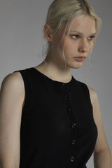 Black Button-Front-Vest Sleeveless-Top