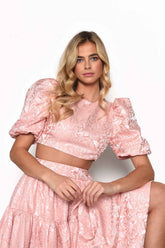 Light Coral Jacquard Puff Sleeve Crop Top with Lace up Back