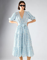 Blue Bud Floral Wrap V-Neck Midi Dress