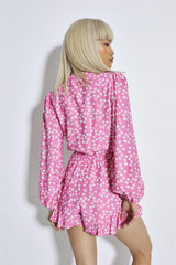 Candy Pink Flower Elasticated Waist Long-Sleeve-Playsuit