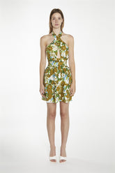 Large-Brown-Green-Floral Crossover-Halter-Neck-Rara- Mini-Dress