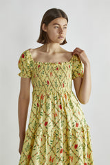 Yellow Floral-Lattice Scoop Neck Maxi-Dress