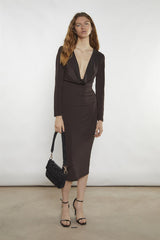 Bitter-Chocolate Plunging-Cowl Midi-Dress