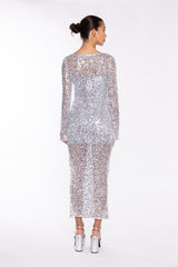 Silver Sequin-Mesh V-neck Maxi-Dress