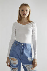 White-Rib V-Neck Long-Sleeve Top