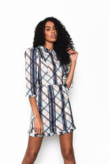 White Black Multi Check Collared Puff Sleeve Mini Dress with Ruffle Hem detail