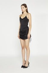 Black-Sateen Adjustable-Spaghetti-Straps Mini-Dresses