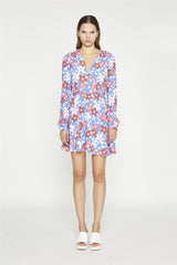 Blue-Red Flower V-Neck Mini-Dress