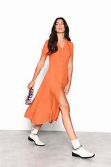 Burnt Orange Button Up Puff Sleeve Midi Dress