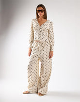 Natural Black Spot Wide Leg Tie-Waist Trousers