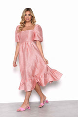 Light Coral Textured Square Neck Puff Sleeve Empire line Midaxi Dress with Tiered Oversized Skirt