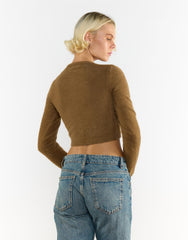 Mocha Long-Sleeve-Button-Front Crop-Top