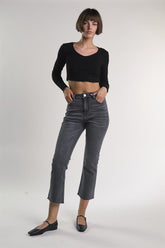 Black V-Neck-Lettuce-Trim Long Sleeve-Top