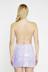 Pale-Lilac Iridescent Tie-Back Mini-Dress