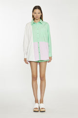 White Green Pink Colour Block Long-Sleeve-Top
