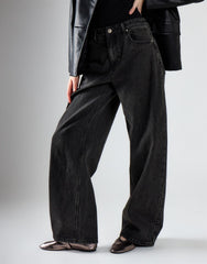Black Vintage Wash Wide Leg Baggy Jeans