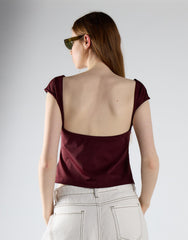 Burgundy Open Square Back Cap-Sleeve Top