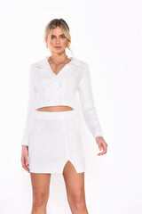 Off White Textured Split Mini-Skirt
