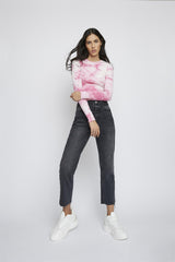 Pink-Tie-Dye Long-Sleeve-Ribbed Crop-Top