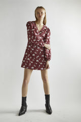 Burgundy-Floral Wrap Mini-Dress