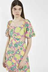Shift Square Neck Short Dress - Pink Multi 60S Flower