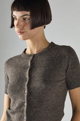 Dark-Brown-Marl Short-Sleeve Button-Front Crop Cardigan
