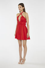 Poppy-Red Cross Over Halterneck Mini-Dress