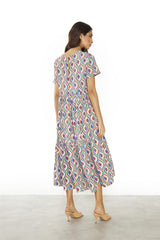 Multi-Geo-Swirl Round-Neck-Loose Midi-Dress
